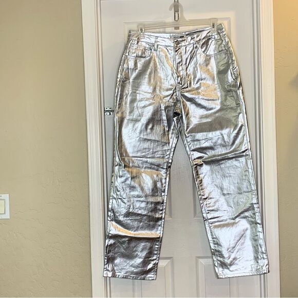 Fashion Nova Felt A Spark Metallic Straight Leg Pants Size 15 Silver - Picture 9 of 10